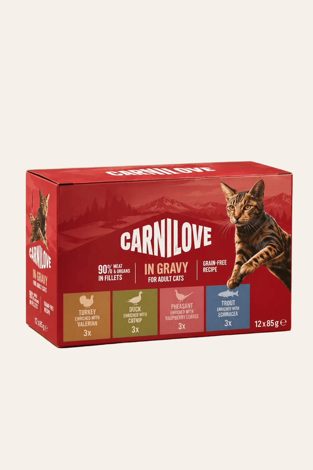 Carnilove graanvrij kattenvoer multipack met 12 zakjes van 85 gram in vier smaken, rode verpakking op een warme beige achtergrond.