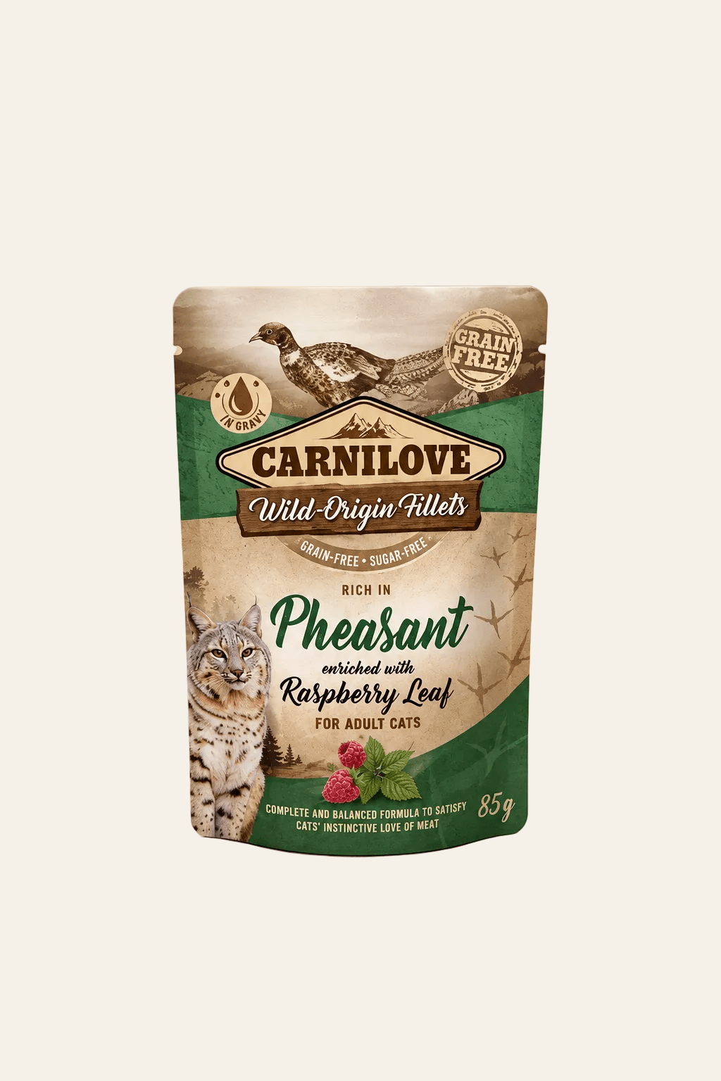 Carnilove graanvrij kattenvoer met fazant en frambozenblad, maaltijdzakje van 85 gram op het vaste beige producttemplate.