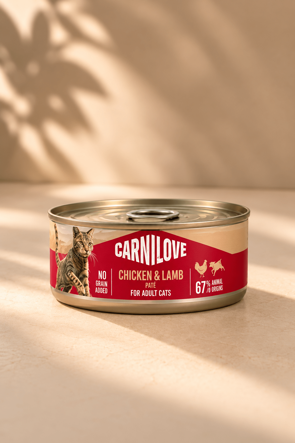 Carnilove graanvrije kattenpaté met kip en lam, blikje van 100 gram uit voordeelverpakking van 12 stuks op warm beige producttemplate.