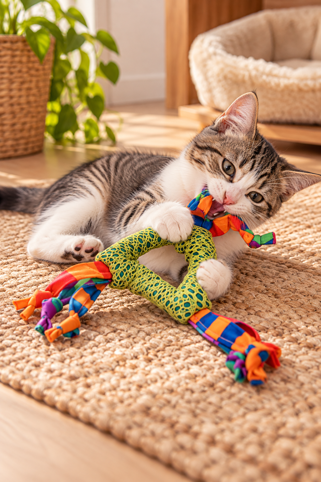 Speelse gestreepte kitten kauwt op kleurrijk Catstages kattenspeelgoed met groen kauwnet op een beige vloerkleed in de woonkamer.