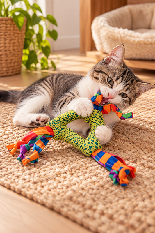Speelse gestreepte kitten kauwt op kleurrijk Catstages kattenspeelgoed met groen kauwnet op een beige vloerkleed in de woonkamer.