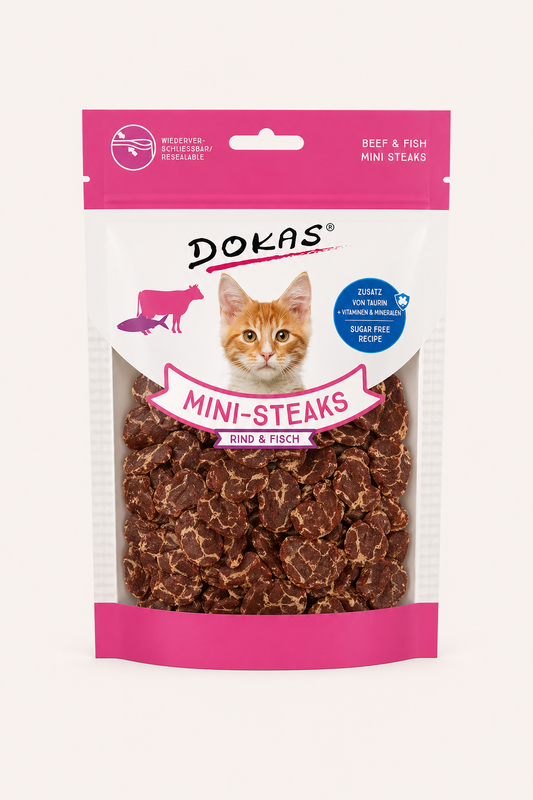 Dokas Cat Snack Ministeak Rund & Kabeljauw – 25g