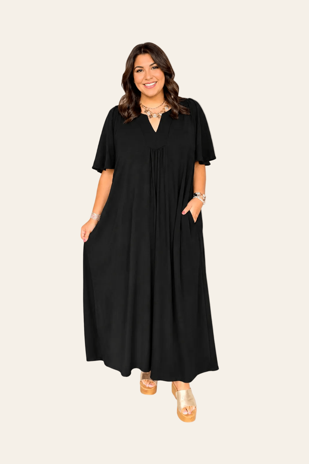 Zwarte losse maxi jurk met V hals