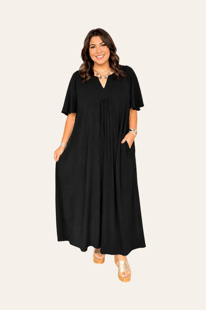 Zwarte losse maxi jurk met V hals