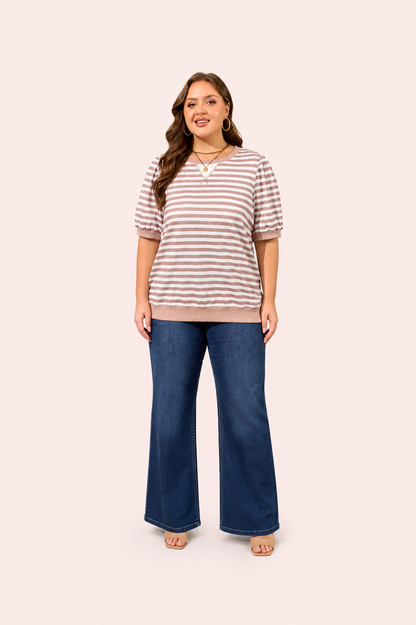 Oranje gestreept T-shirt met geribbelde afwerking