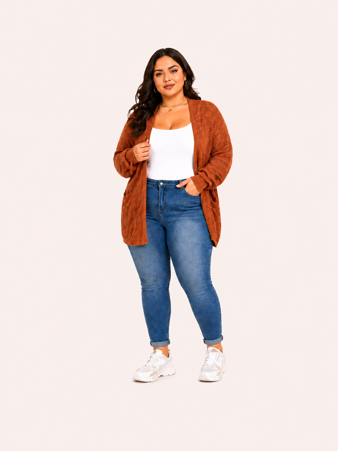Roodbruine gebreide open cardigan