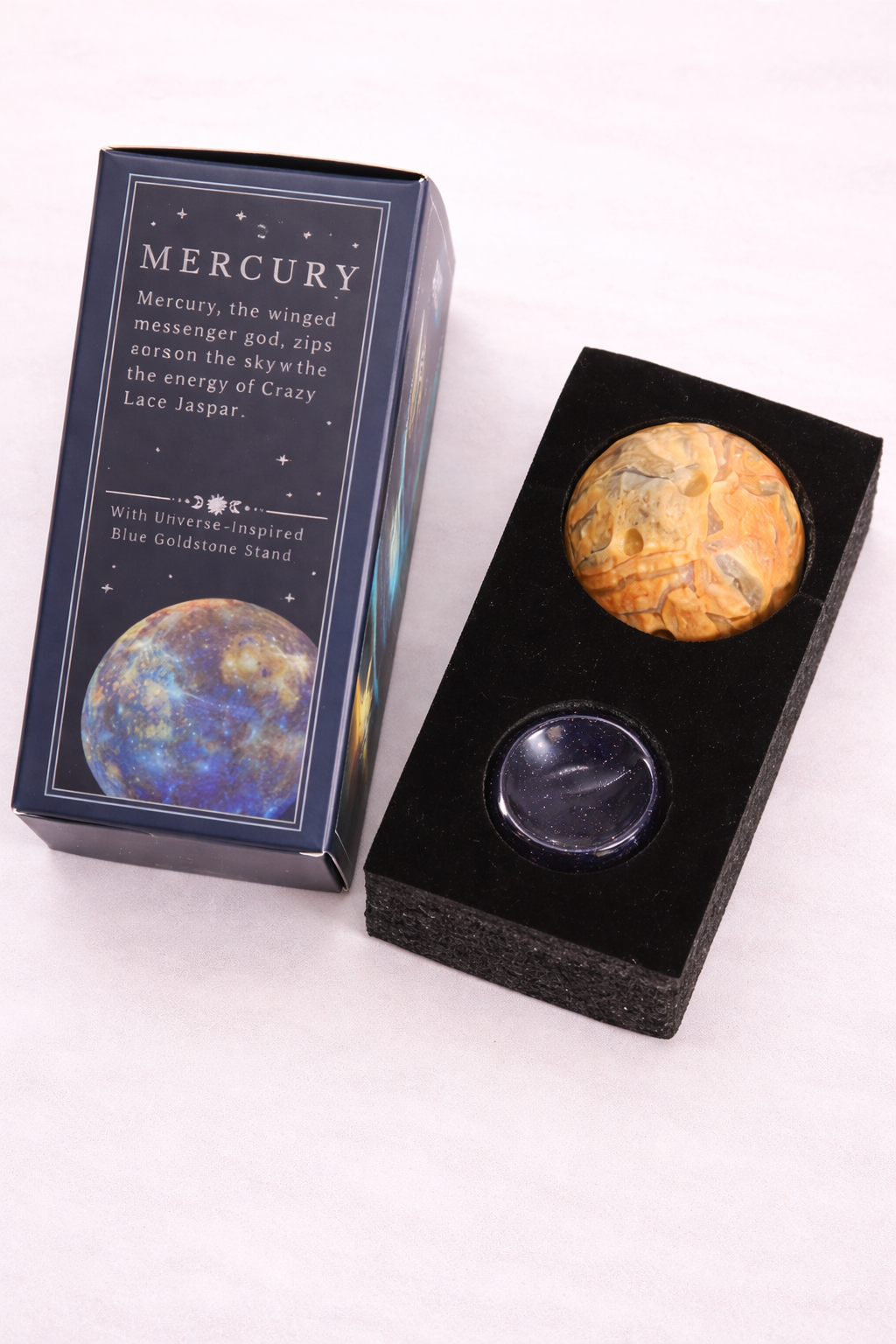 Crazy lace jaspis planeet op goudstenen standaard Mercurius