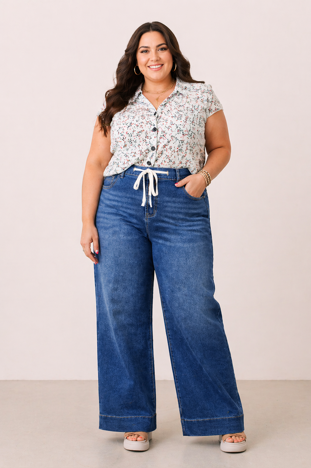 Dark Blue Acid Wash Contrast Lace-up Plus Size Jeans