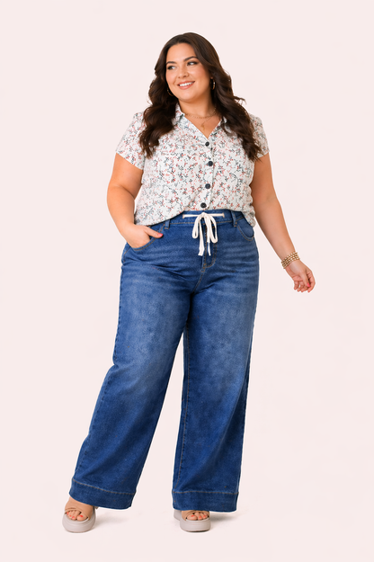 Dark Blue Acid Wash Contrast Lace-up Plus Size Jeans