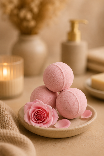 Doos met mini badbruisballen met rozengeur