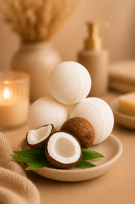 Doos met mini badbruisballen met kokosgeur