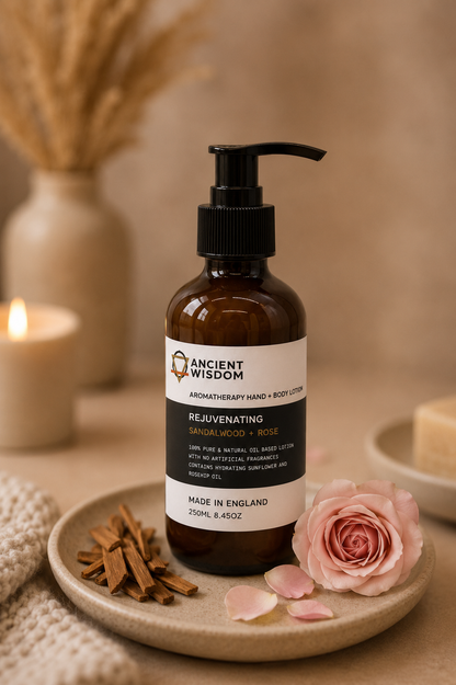 Aromatherapie hand en bodylotion met sandelhout en roos