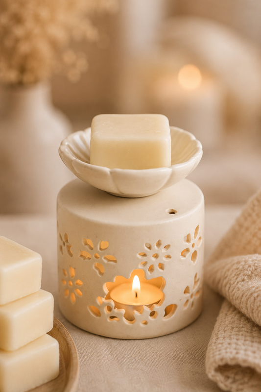 Thee en rozen geurgeschenkset met wasmelts en oliebrander