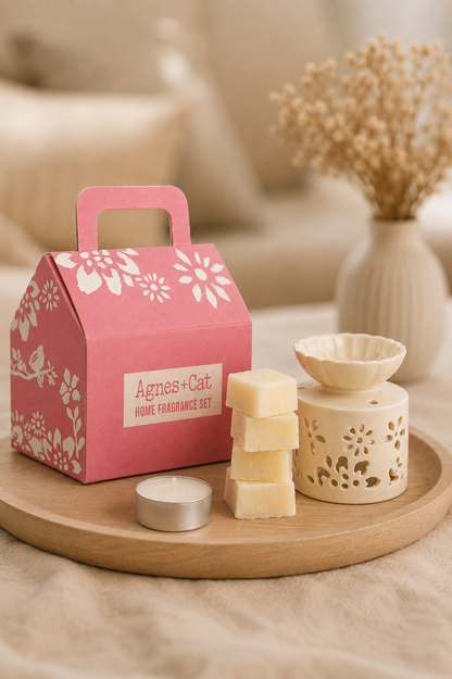 Thee en rozen geurgeschenkset met wasmelts en oliebrander