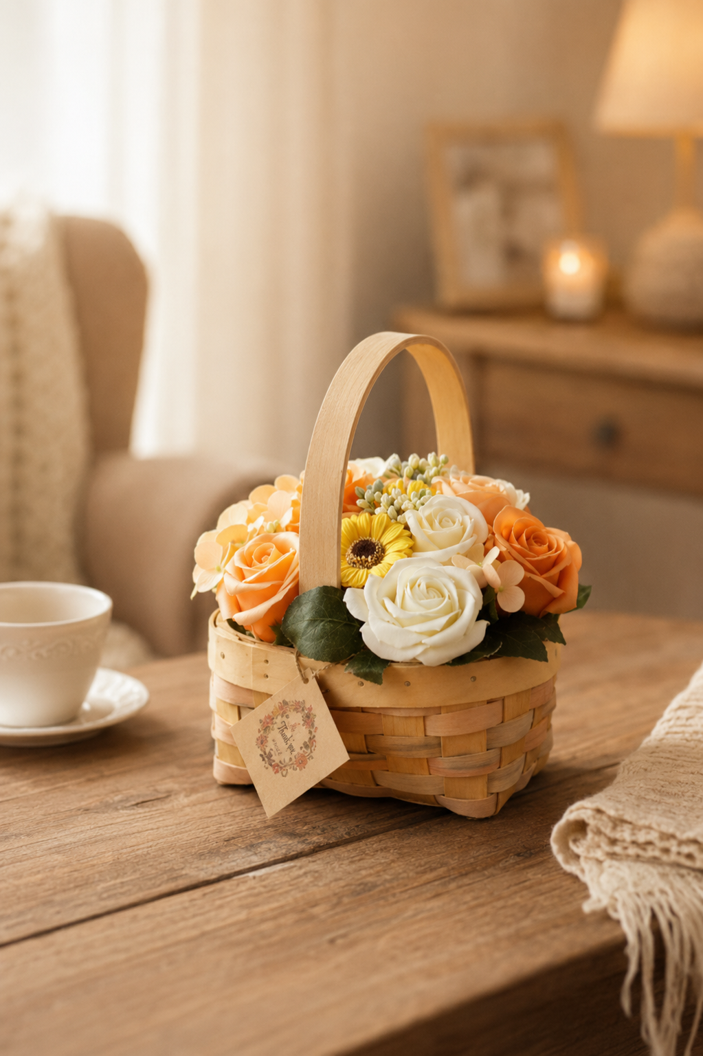 Oranje zeepbloemenboeket in rieten mand