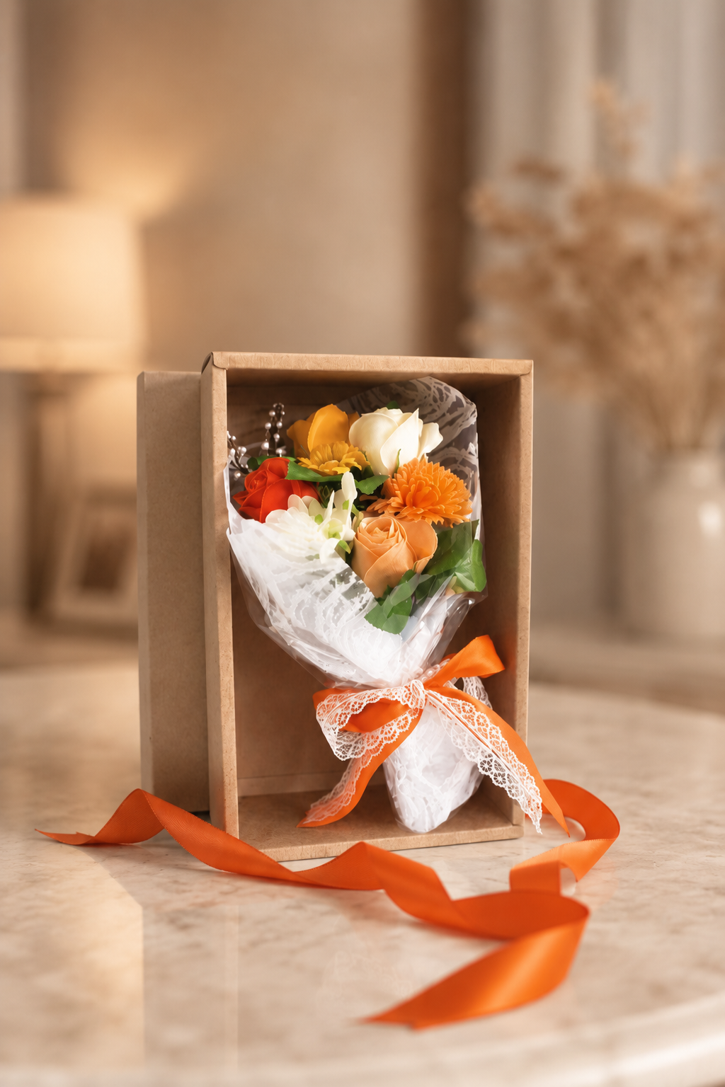 Oranje zeepbloemenboeket in geschenkdoos
