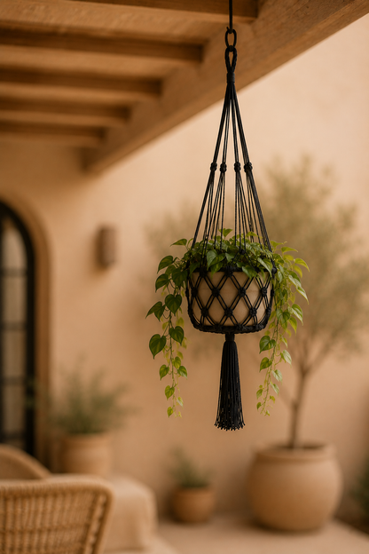 Macramé plantenhouder zwart katoen groot
