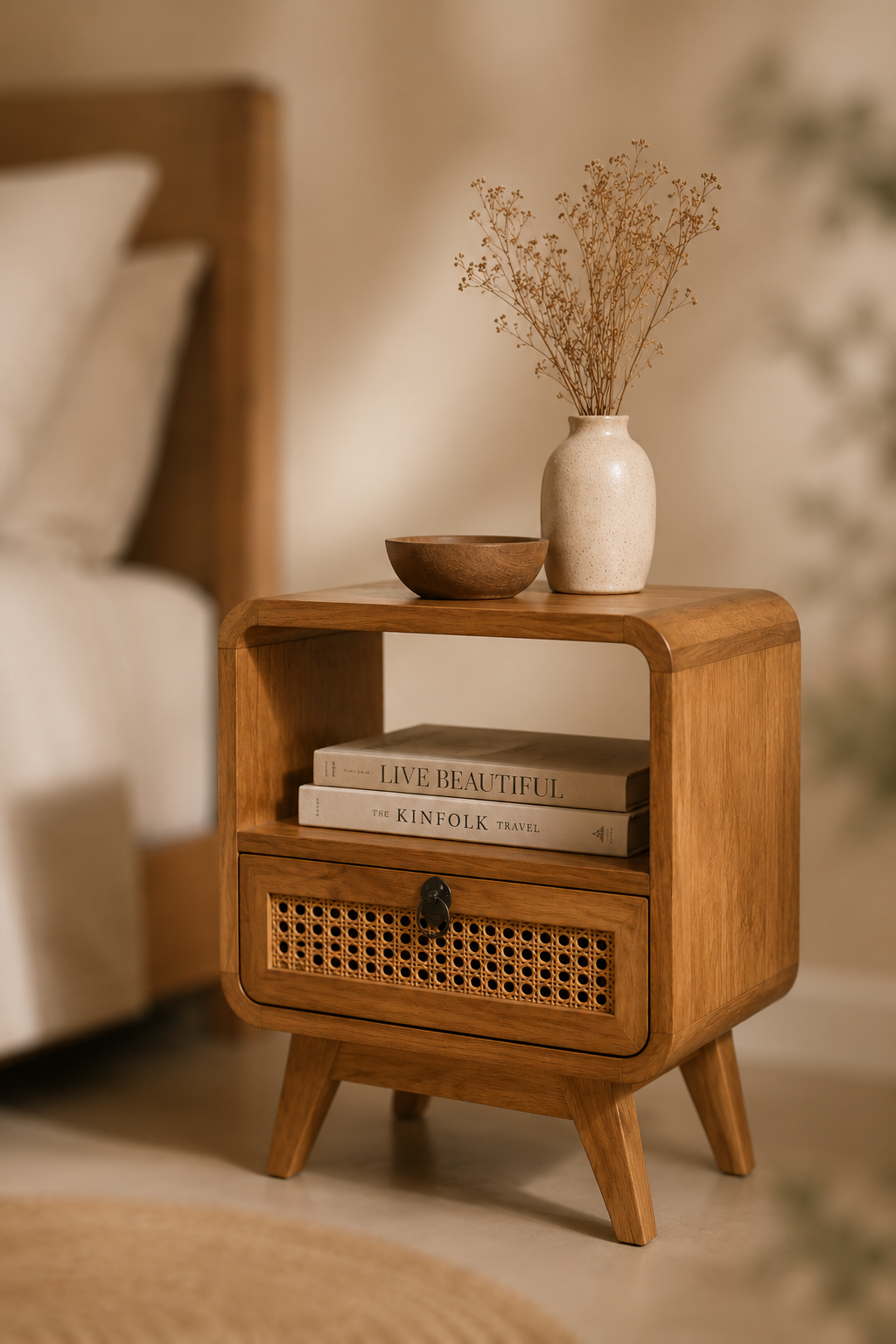 Nachtkastje naturel teak en rotan met lade
