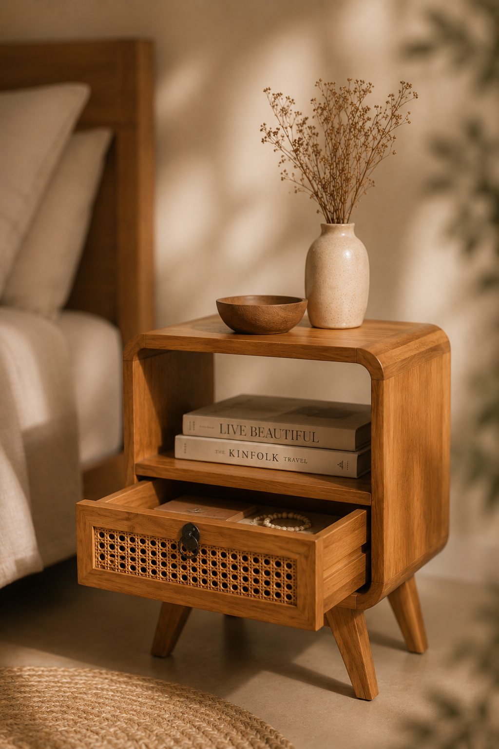 Nachtkastje naturel teak en rotan met lade