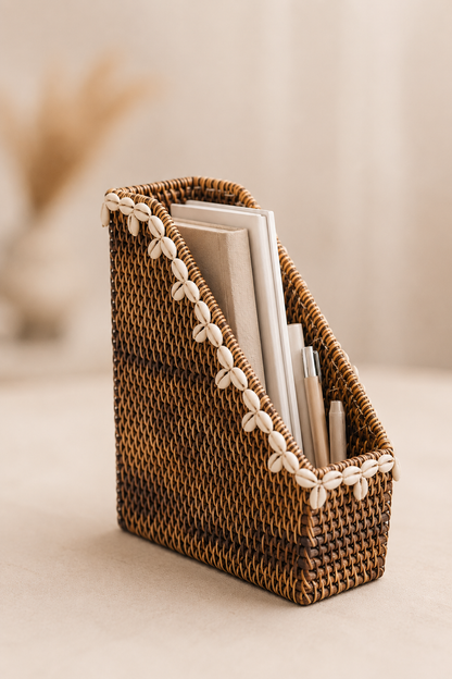 Bureauorganizer rotan met schelpenrand naturel bruin