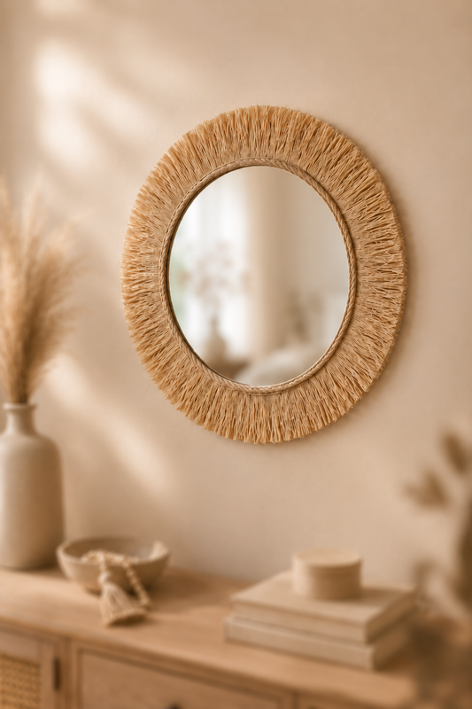 Ronde wandspiegel naturel raffia