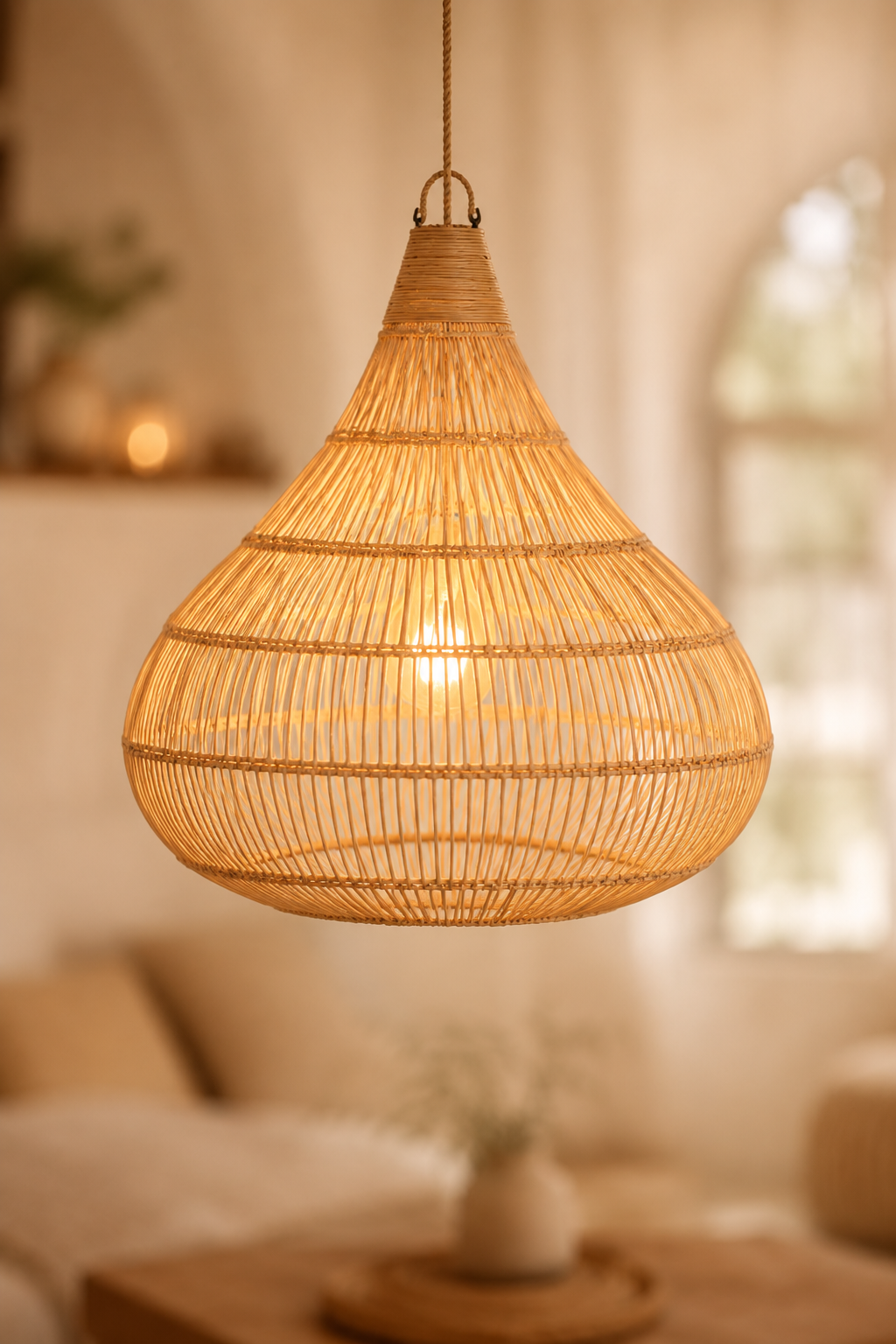 Rotan hanglamp druppelvorm naturel