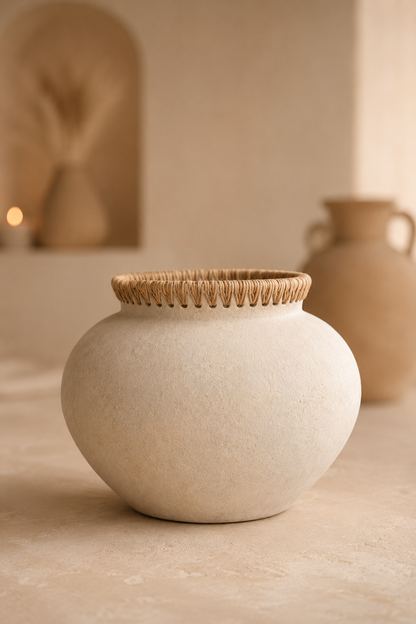 Terracotta vaas met raffia detail naturel