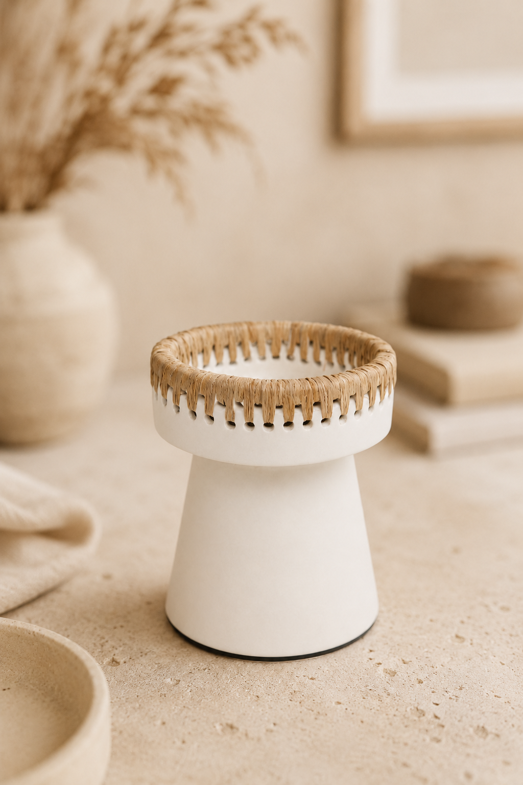 Terracotta kaarsenhouder wit met raffia accent