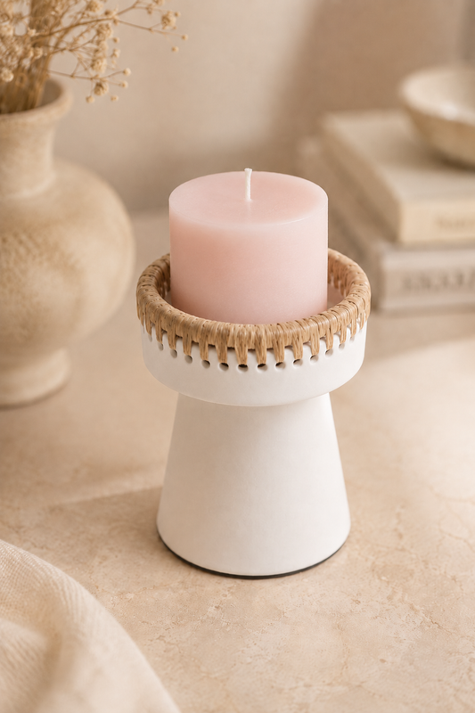 Terracotta kaarsenhouder wit met raffia accent