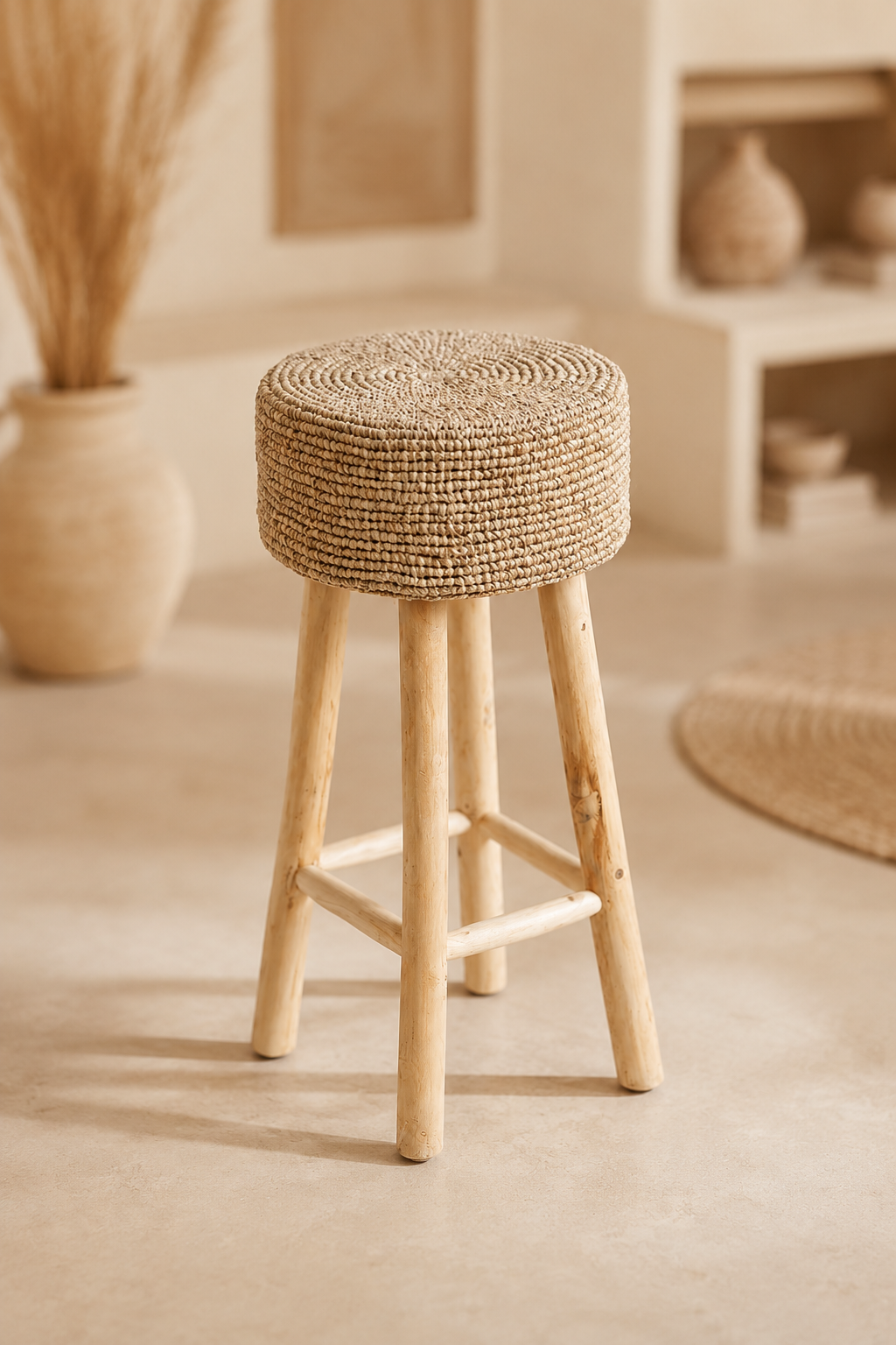 Barkruk teakhout met raffia naturel