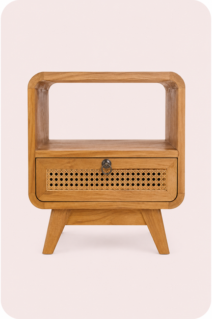 Nachtkastje naturel teak en rotan met lade