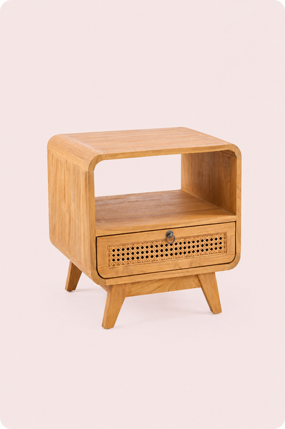 Nachtkastje naturel teak en rotan met lade