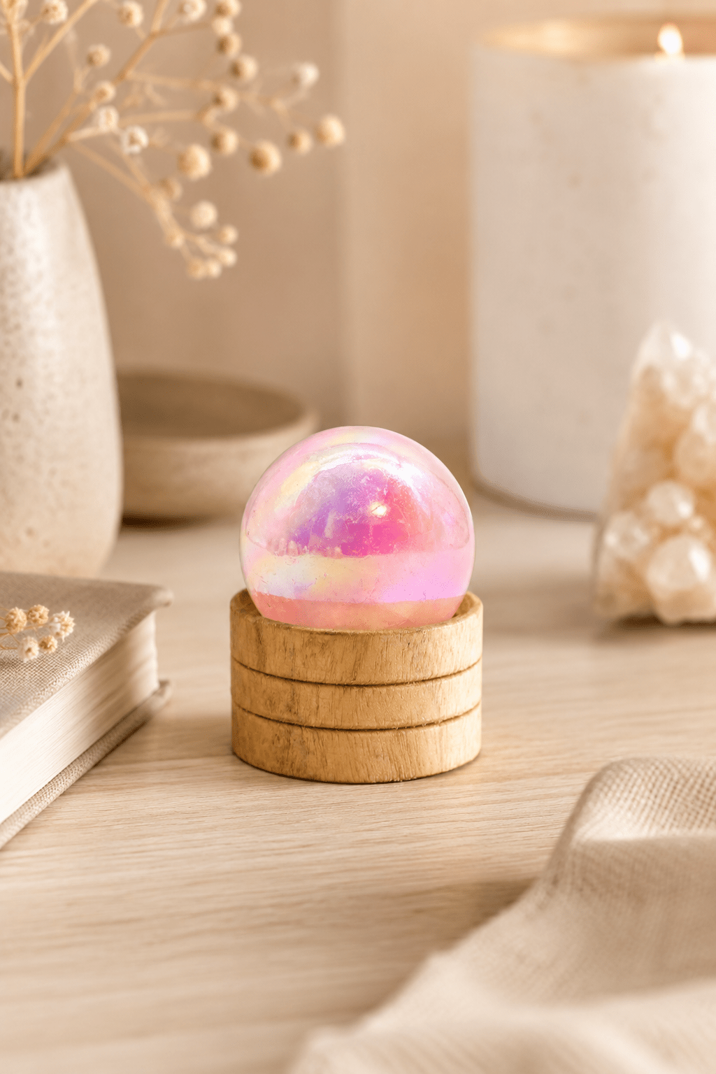 Esfera de cuarzo rosa aura titanio con base
