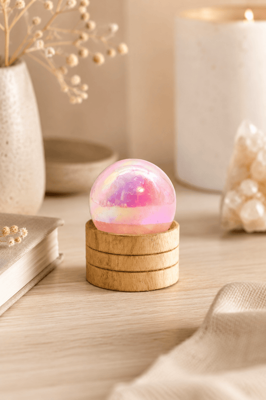 Edelsteenbol rozenkwarts titanium aura met standaard