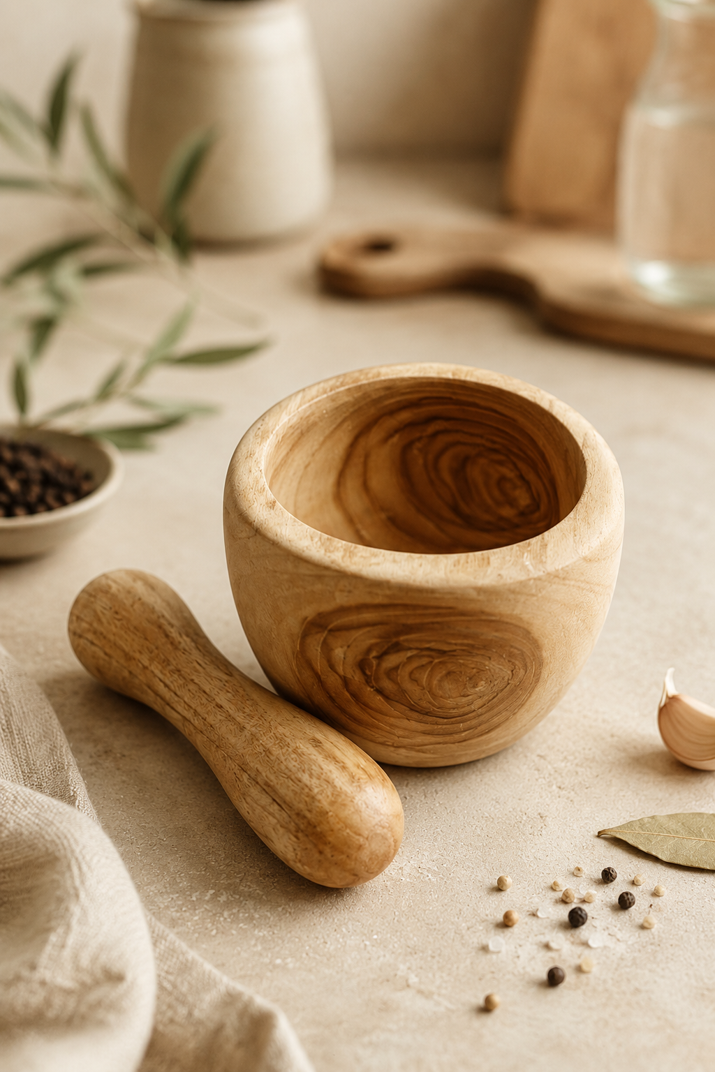 Teakhouten vijzel en stamper medium