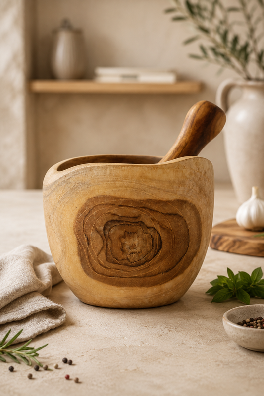 Teakhouten vijzel en stamper groot