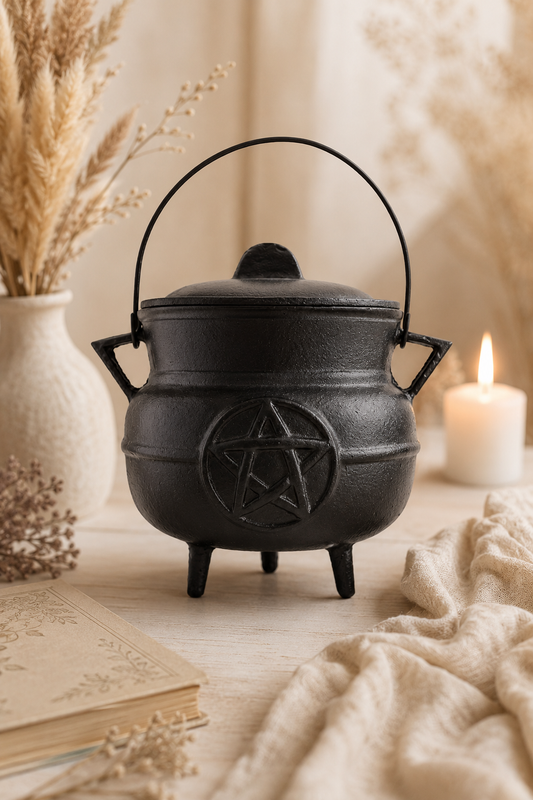 Grote gietijzeren ketel met pentagram