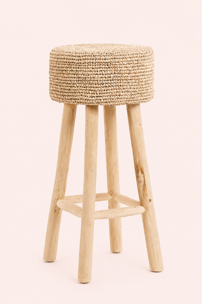 Barkruk teakhout met raffia naturel