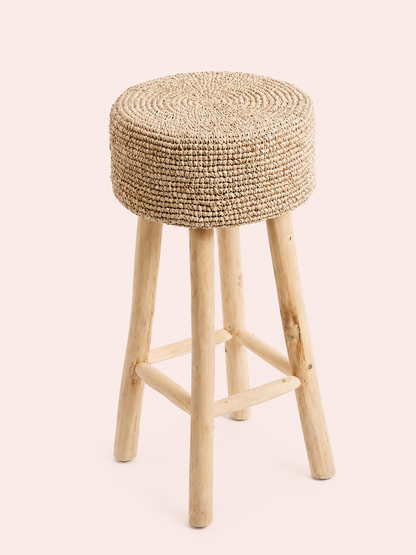 Barkruk teakhout met raffia naturel