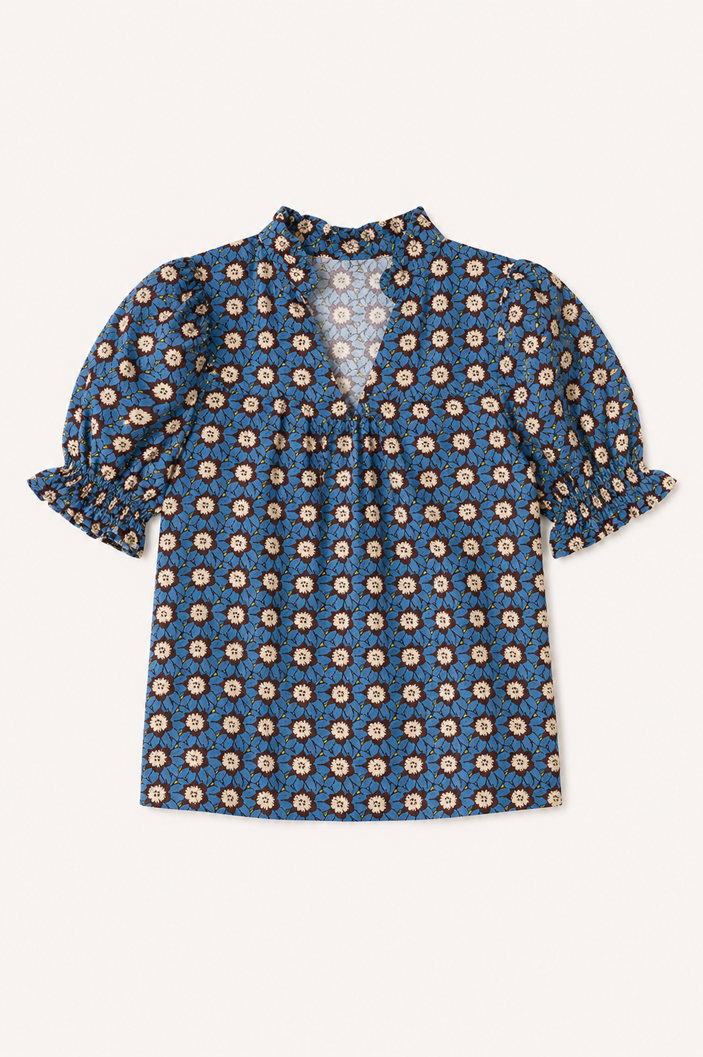 Lichtblauwe blouse met retro bloemenprint