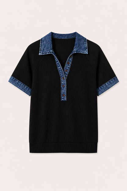 Zwarte top met denim polokraag