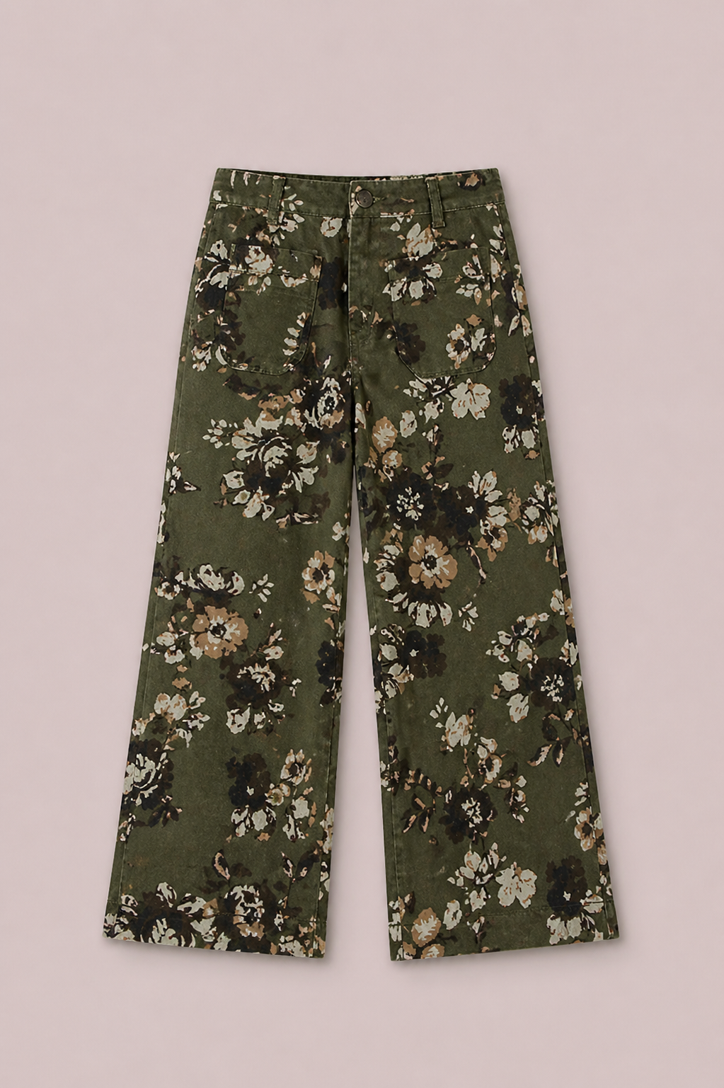 Groene denim jeans met vintage bloemenprint