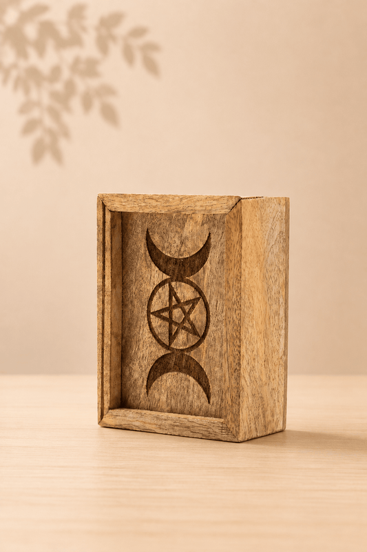 Compacte tarot opbergdoos met kaartdisplay op een beige gebladerde achtergrond