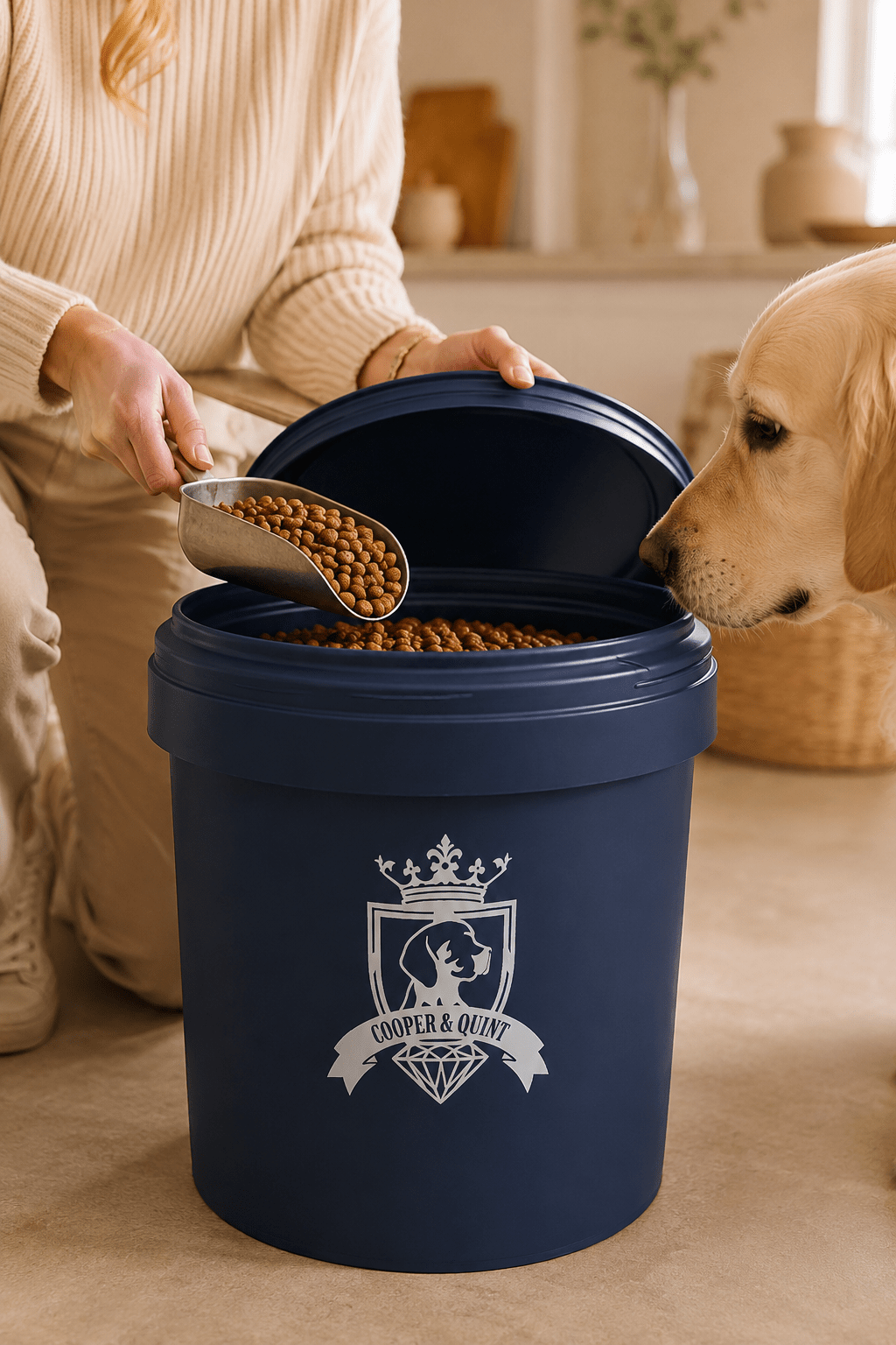 Container in blauwe kleur om brokken te bewaren met schroefdeksel