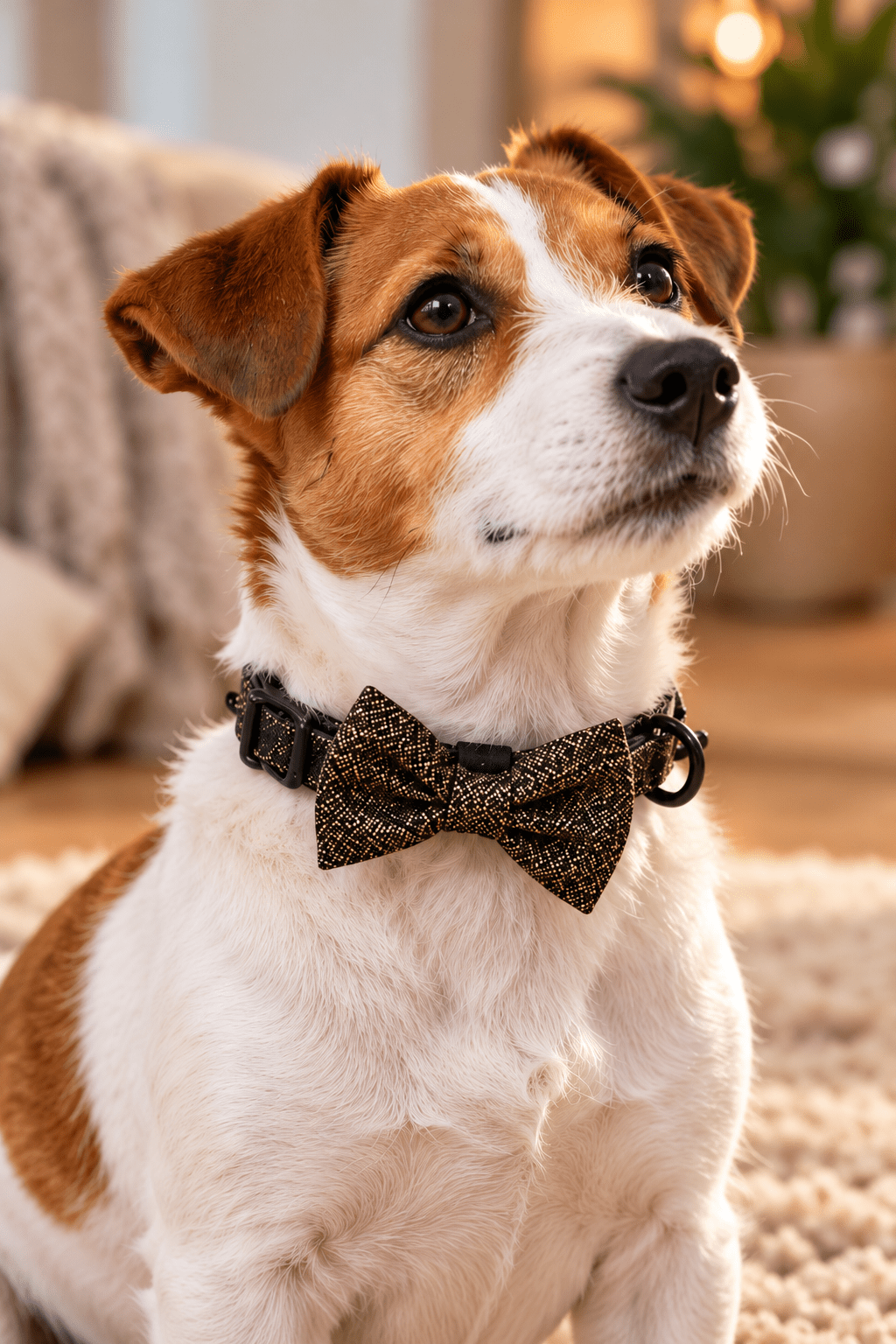 Kleine witbruine hond draagt de goudkleurige Croci Goldie hondenhalsband met elegante glitterende vlinderdas in een stijlvolle woonkamer.
