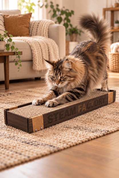 Langharige kat krabt aan de Croci Homedecor Wenge krabplank donkerbruin in een gezellige beige woonkamer met licht geblurde achtergrond.