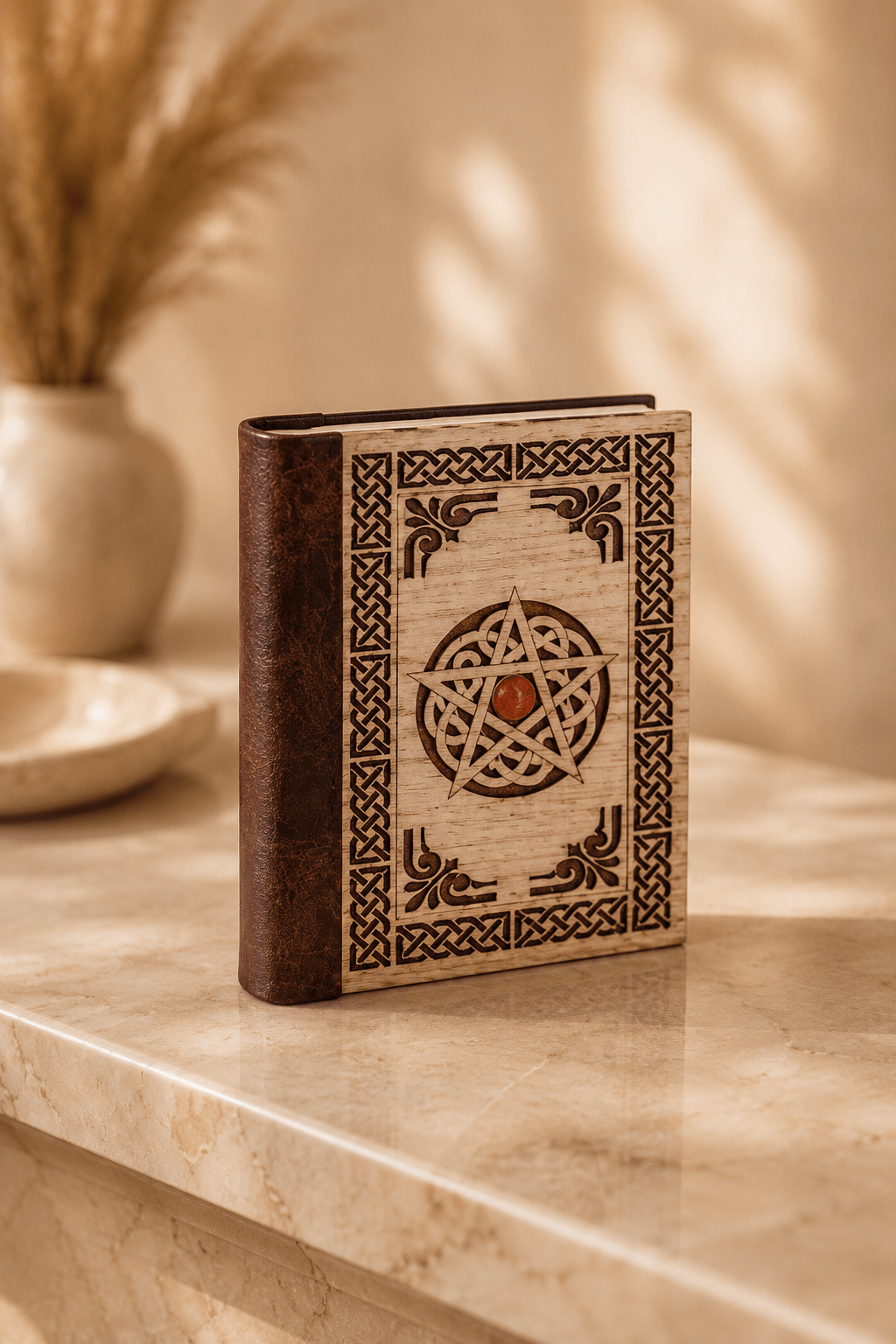 Dagboek met pentagram en een houten afwerking met leren rug