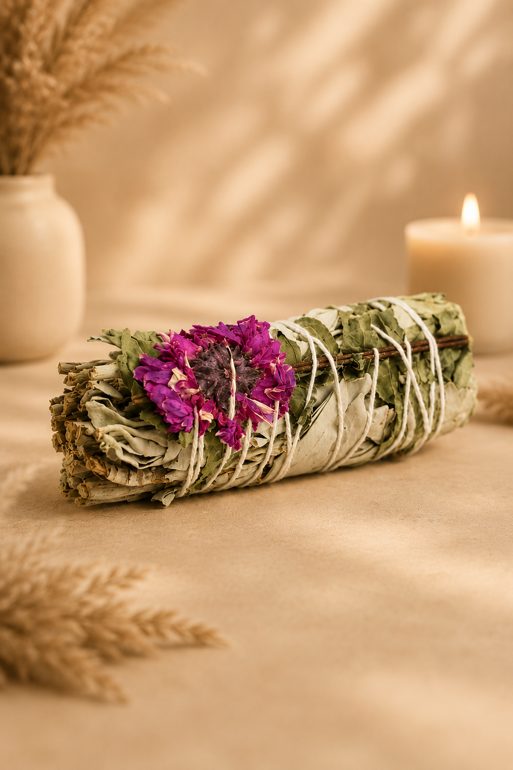 Witte salie smudge stick met dahlia - 10 cm