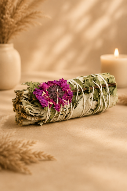 Witte salie smudge stick met dahlia - 10 cm