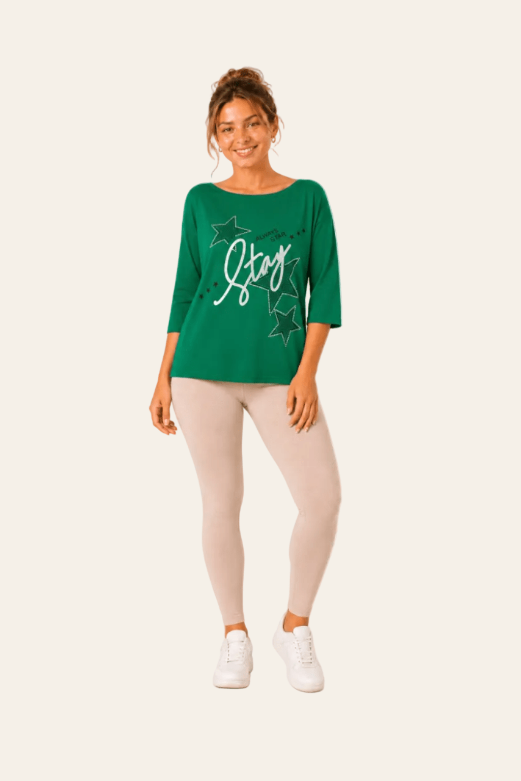 T-shirt femme avec manches 3/4, encolure ronde avec texte et strass